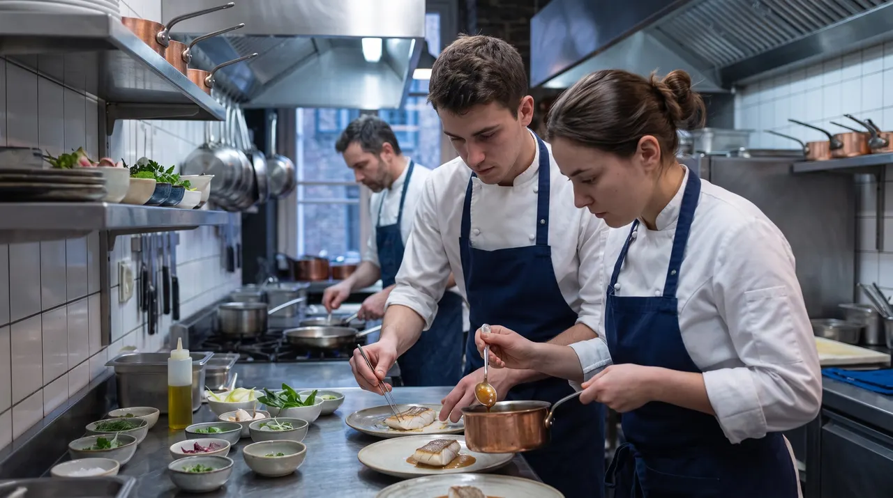 Deux cuisiniers dressent des assiettes au plan de travail, Maxence Warlop en arrière-plan