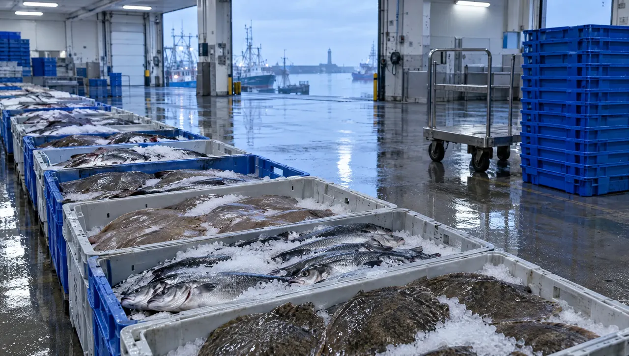 Bacs de poisson sur glace alignés dans la halle de la criée de Boulogne-sur-Mer, le port au fond