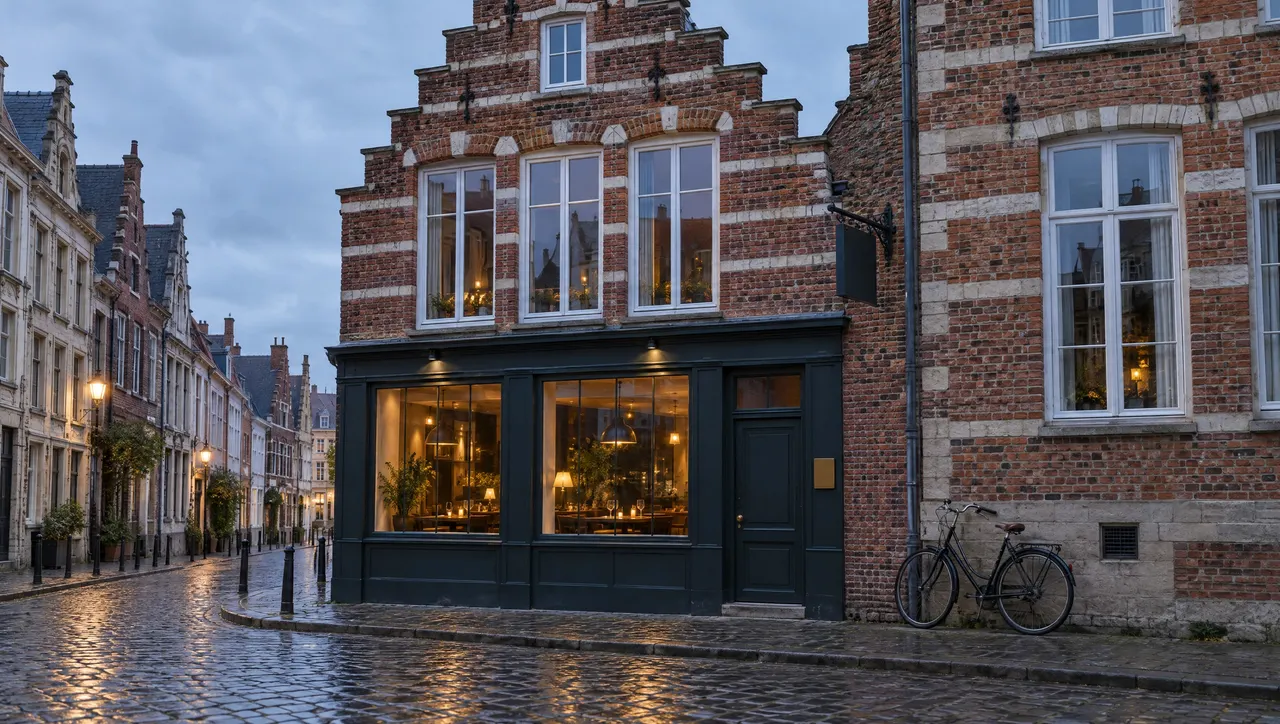Façade en brique et pierre du restaurant, devanture vert sombre, rue pavée du Vieux-Lille en fin de journée