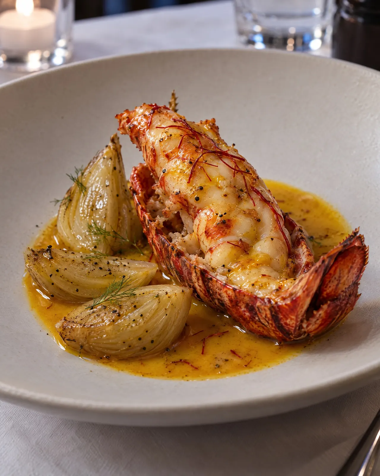 Demi-queue de homard rôtie dans sa carapace, quartiers de fenouil braisés et beurre de safran, dans une assiette creuse