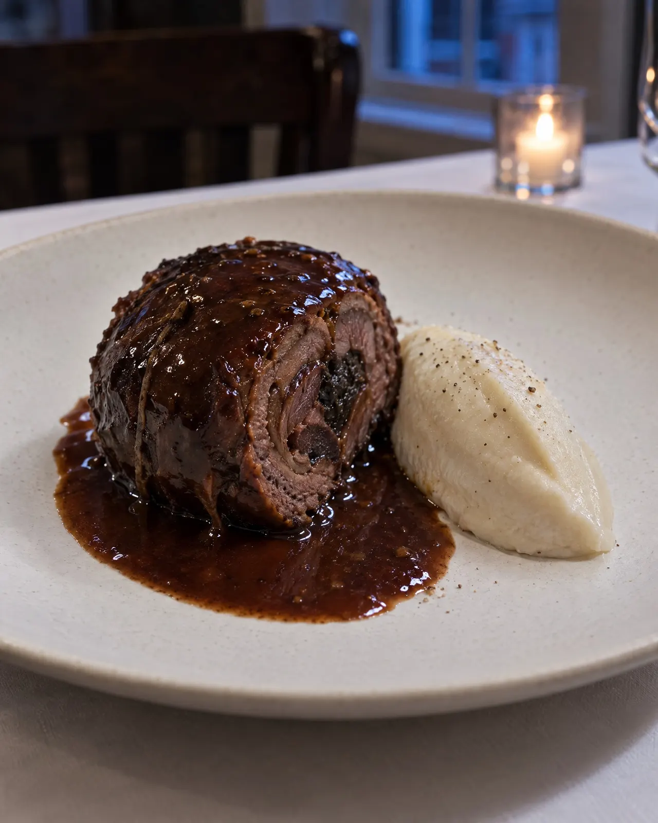 Part de lièvre à la royale nappée de sauce brune, quenelle de purée lisse à côté