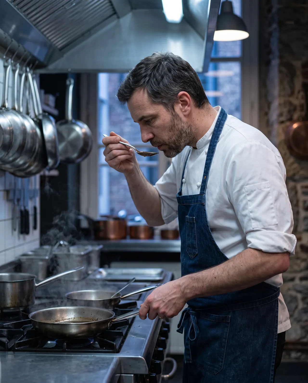 Maxence Warlop goûte une sauce à la cuillère, veste blanche et tablier bleu