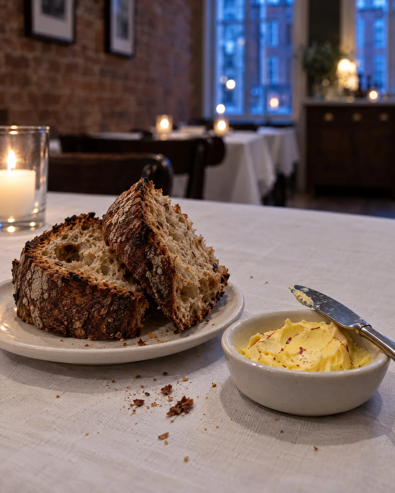 Tranches de pain au levain et beurre safrané dans un beurrier, sur une nappe blanche