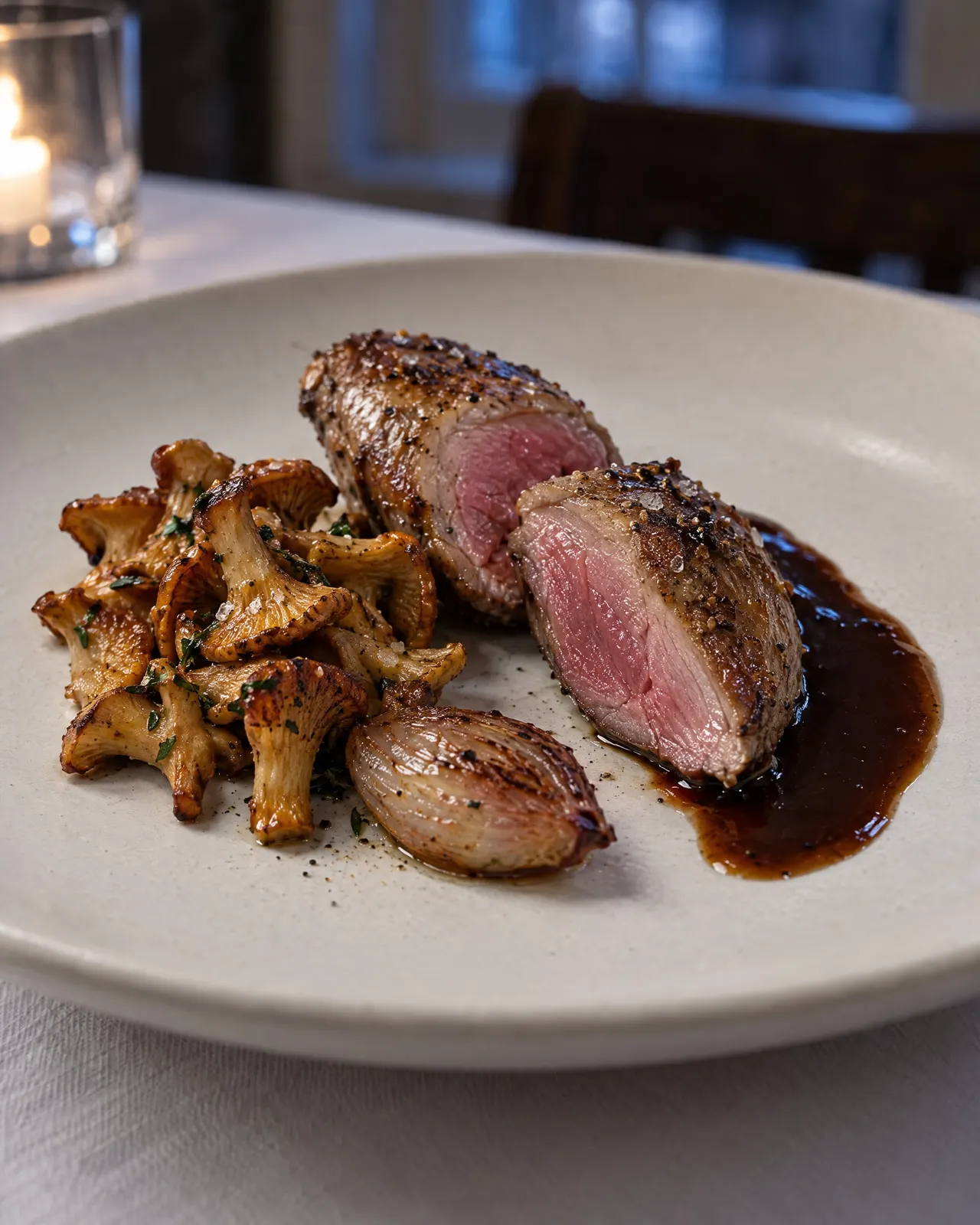 Suprêmes de pigeonneau rosés, girolles et jus court sur une assiette mate