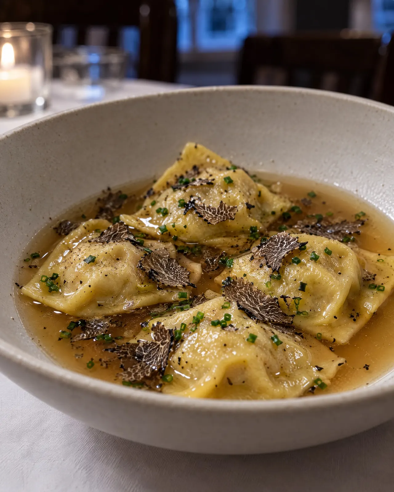Ravioles de truffe d'été dans un bouillon de volaille clair, servies en assiette creuse mate
