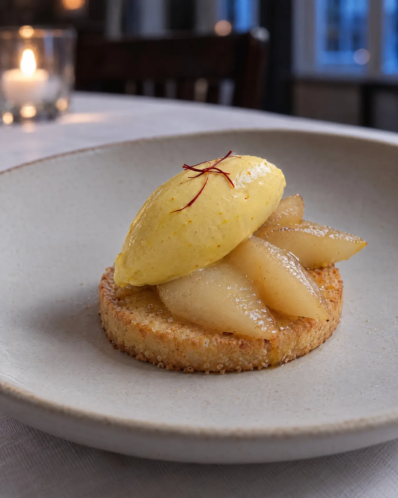 Sablé rond garni de quartiers de poire pochée, quenelle de glace jaune et pistils de safran posés dessus