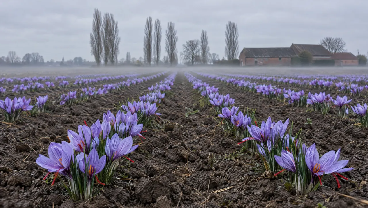 Rangs de crocus violets en fleur dans la plaine des Weppes, sous la brume d'octobre