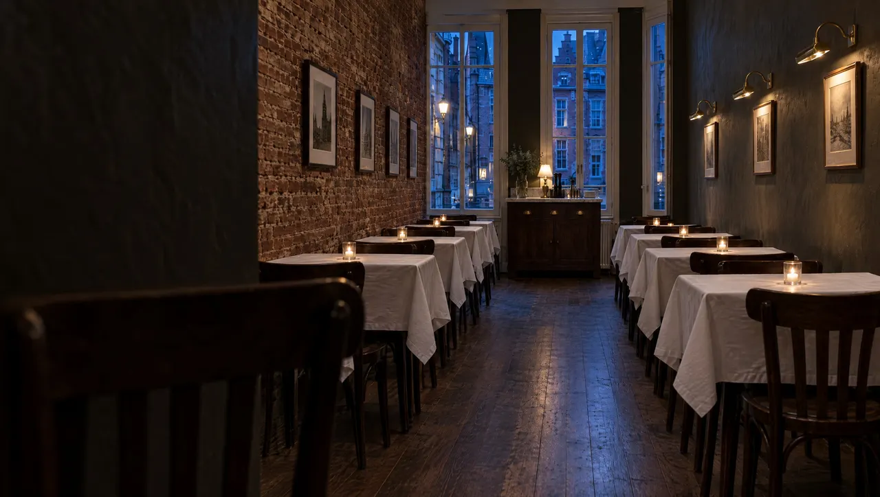 Salle du restaurant avant le service, tables nappées de blanc le long d'un mur de brique, bougies allumées