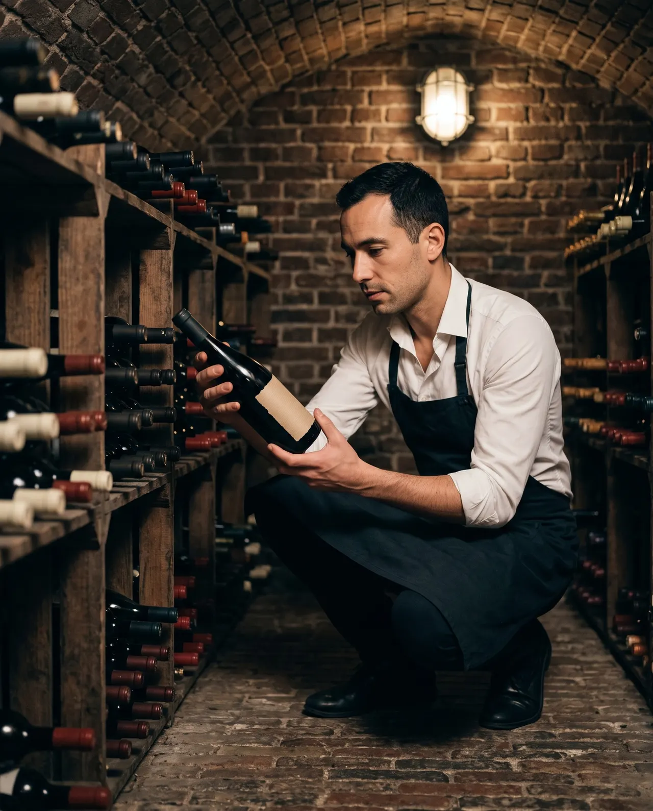 Thomas tient une bouteille devant les casiers de la cave du restaurant