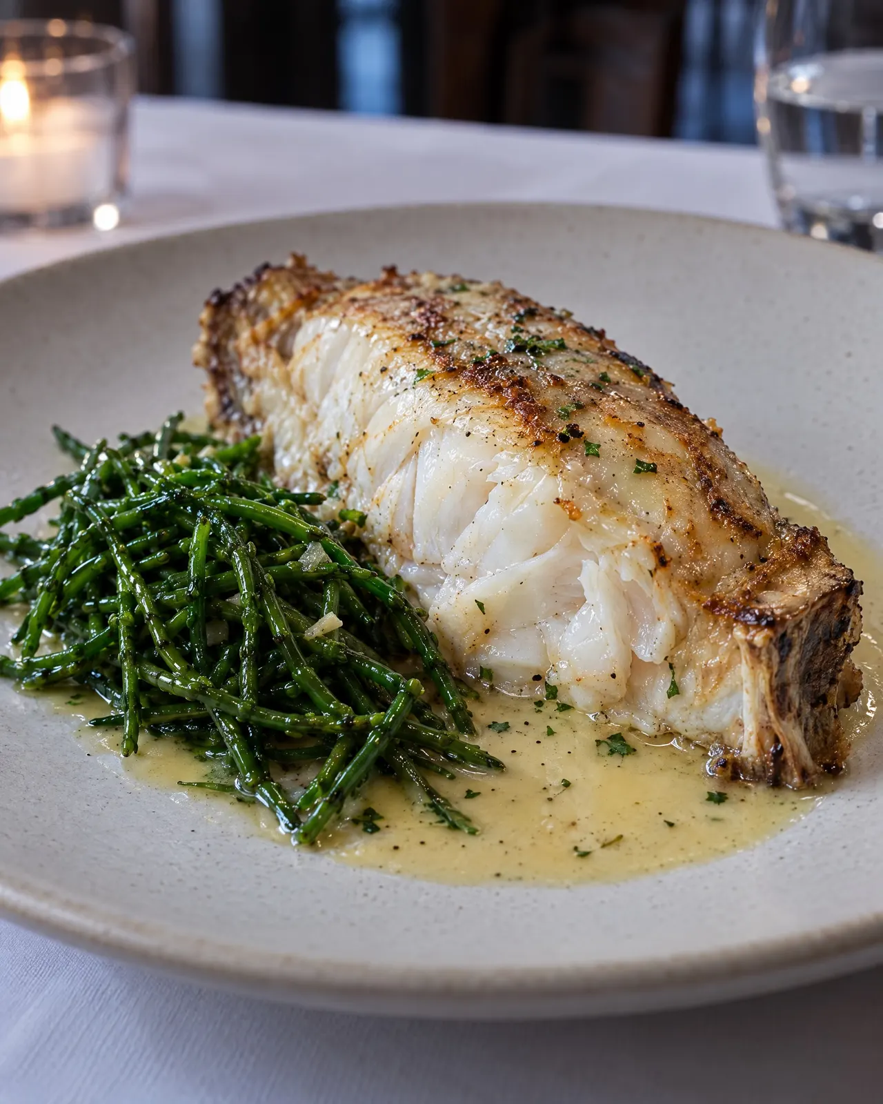 Part de turbot cuit sur l'arête, salicornes et sabayon clair sur une assiette mate